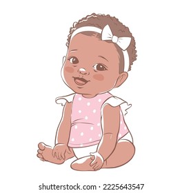 Cute baby girl sitting and smiling. Active dark skin baby of 3-12 months dressed in baby clothes. First years baby development. African ethnicity child. Vector illustration in pastel colors.