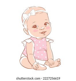 Una niña linda sentada y sonriente. Bebé activo de 3 a 12 meses vestido con ropa de bebé. Desarrollo del bebé en los primeros años. Niño de etnia caucásica. Ilustración vectorial en colores pastel.