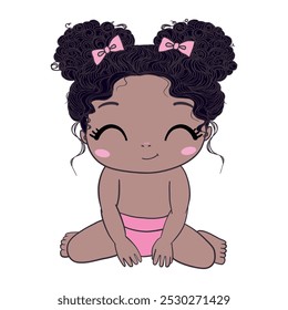 Menina bonita sentada e sorrindo. Bebê de pele escura ativo de 3-12 meses vestido em roupas de bebê. Primeiros anos de desenvolvimento do bebê. Criança de etnia africana. Ilustração vetorial em cores pastel.