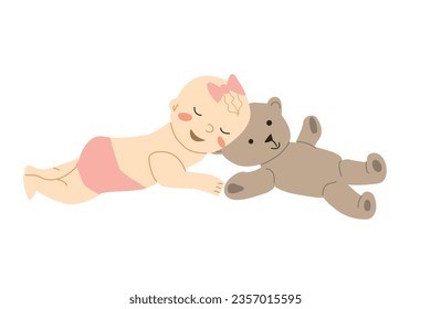 cute baby girl sleep with teddy bear. cartoon. 