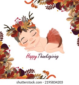 Cute baby girl sleeping in colorful flat style with autumn frame. Baby shower concept in Autumn season vector