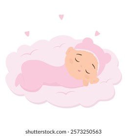 Cute baby girl sleeping, Isolated babies,Infant or newborn character on white background, flat vector illustration,nursery,baby shower, Design for printed, fabrics and textiles