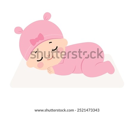 Cute baby girl sleeping, Isolated babies,Infant or newborn character on white background, flat vector illustration,nursery,baby shower, Design for printed, fabrics and textiles