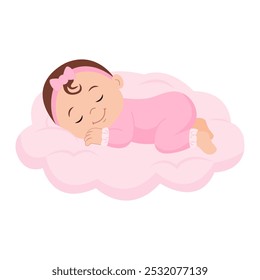 Linda niña durmiendo en una nube rosa. Concepto de sueño de confort del recién nacido. Ilustración vectorial