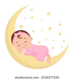 A cute baby girl  sleeping on the moon. The baby is wearing cute pink pajamas. Concept of newborn comfort sleep. Vector illustration