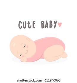 Cute baby girl sleeping. Vector hand drawn cartoon illustration
