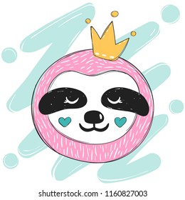 Cute baby girl sloth in the princess crown. Hand drawn funny sloth print in the childish style. Adorable vector animal illustration