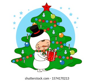 Cute baby girl in a snowman costume. Celebration. Illustration.