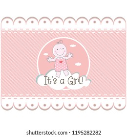 Cute baby girl standing on the cloud vector illustration. Can be used for baby shower invitation and greeting card.