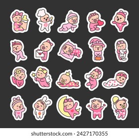 Cute baby girl. Sticker Bookmark. Cartoon little newborn character. Hand style. Vector drawing. Collection of design elements.