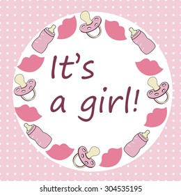 Cute baby girl sticker, invitation template, baby shower sticker.