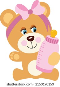 Cute baby girl teddy bear holding a baby bottle of milk
