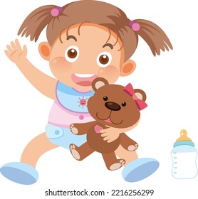 Cute baby girl with teddy bear illustration