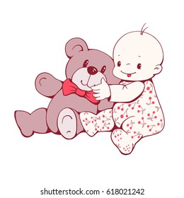 Cute baby girl with the Teddy bear isolated on white background.  Hand-drawn illustration. Vector