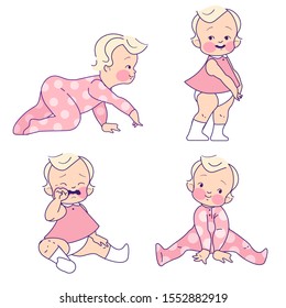 cute baby girl toddler with different poses and emotions. for toys shop, kids store, kindergarten posters, promo, banners