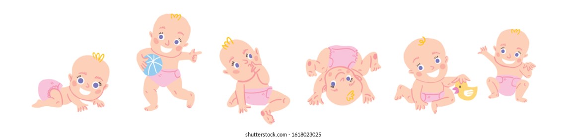 Cute baby girl or toddler vector illustration in various poses such as standing, sitting, playing, crawling. Baby shower illustration in hand drawn cartoon style. European children  activities - Shutterstock ID 1618023025