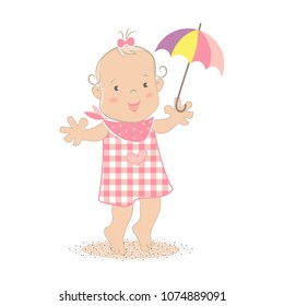 Cute baby girl with the umbrella walking tiptoe cartoon character vector illustration.