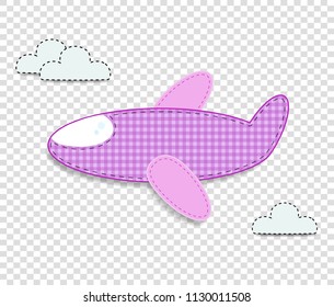 Cute baby girl vector clip art element for scrapbook or baby shower greeting card and kids design. Cut out fabric or paper checkered pink airplane sticker or icon isolated on transparent background.