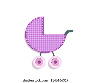 Cute baby girl vector clip art element for scrapbooking or baby shower greeting card and childs design. Cut out fabric or paper chequered pink stroller sticker or icon isolated on white background.
