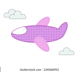 Cute baby girl vector clip art element for scrapbooking or baby shower greeting card and childs design. Cut out fabric or paper chequered pink airplane sticker or icon isolated on white background.