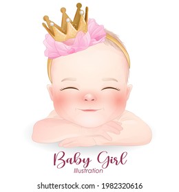 Cute baby girl with watercolor illustration