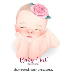 Cute baby girl with watercolor illustration