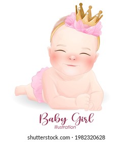 Cute baby girl with watercolor illustration