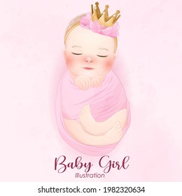 Cute baby girl with watercolor illustration