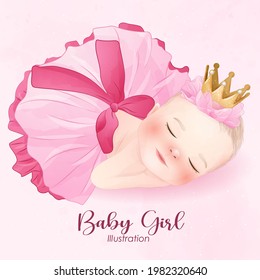 Cute baby girl with watercolor illustration