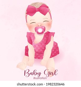 Cute baby girl with watercolor illustration