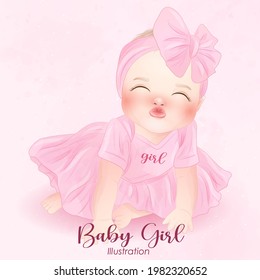 Cute baby girl with watercolor illustration