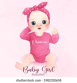 Cute baby girl with watercolor illustration