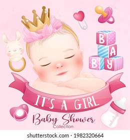 Cute baby girl with watercolor illustration