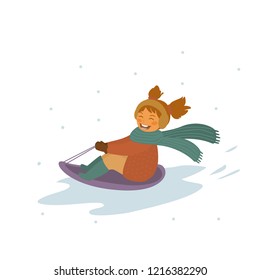 cute baby girl winter sledding downhill isolated vector illustration