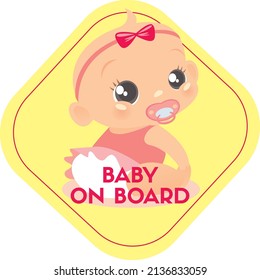 Cute Baby Girl, Yellow Car Sticker. Baby On Board