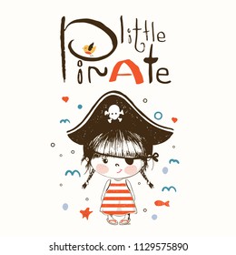 Cute baby girll in a pirate suit cartoon hand drawn vector illustration. Can be used for baby t-shirt print, fashion print design, kids wear, baby shower celebration greeting and invitation card.