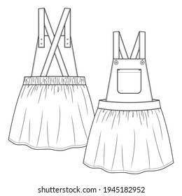 Cute Baby Girls Pinafore fashion flat sketch template. Kids Jumper Dress Technical Fashion Illustration. Straps crossing over at back. Front Bib pocket. Button Closure