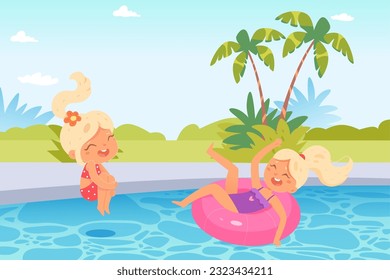 Cute baby girls playing on pool party vector illustration. Cartoon summer tropical landscape with vacation scene, kids play and swim on rubber ring, leisure of active children friends in swimsuits