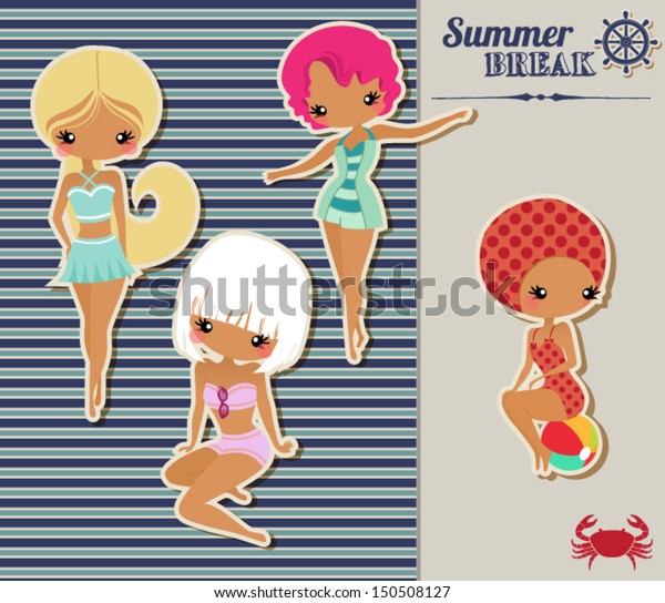 Cute Baby Girls in Retro\
Swimsuits - Paper cutout style hand drawn baby girls in retro\
swimsuits, pinned on a sailor stripe background, with plenty of\
copyspace