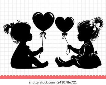 Cute baby girls silhouettes with heart shaped balloon. Vector illustration.