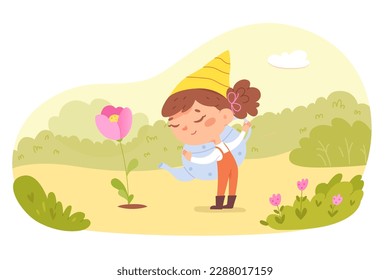 Cute baby gnome watering spring flower in garden vector illustration. Cartoon scene with adorable little girl gardener in hat holding kettle to water plant, female fairy tale character gardening