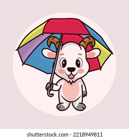 Cute baby goat cartoon holding an umbrella