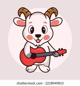 Cute baby goat cartoon play a guitar rocker
