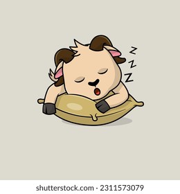 Cute baby goat cartoon sleeping face on pillow flat vector icon illustration. Flat vector illustration, flat icon sticker isolated.