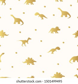 Cute baby golden dinosaur seamless pattern for kids textile with rex and raptor. Vector isolated gold dino background for children wallpaper or boy t-shirt.