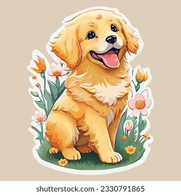 Cute Baby Golden Retriever Dog Watercolor Sticker Art Illustration Vector Design