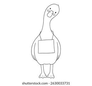 Cute baby goose with blank template banner for memo, planner, notebook, paper cards, notes, labels. Funny cartoon outline bird isolated on white
