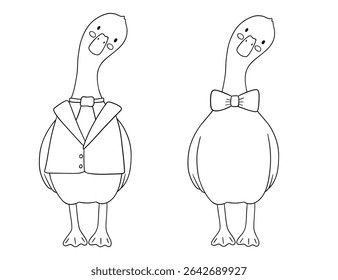 Cute baby goose wearing bow, jacket and tie . Funny cartoon outline bird isolated on white background for childish coloring book and page