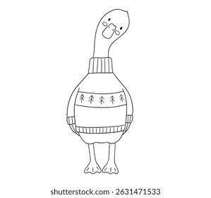 Cute baby goose wearing a sweater. Funny cartoon outline bird isolated on white background for childish coloring book