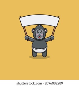 Cute Baby Gorilla With Big Blank Banner. Character, Mascot, Icon, Logo, Cartoon and Cute Design. Vector and Illustration.